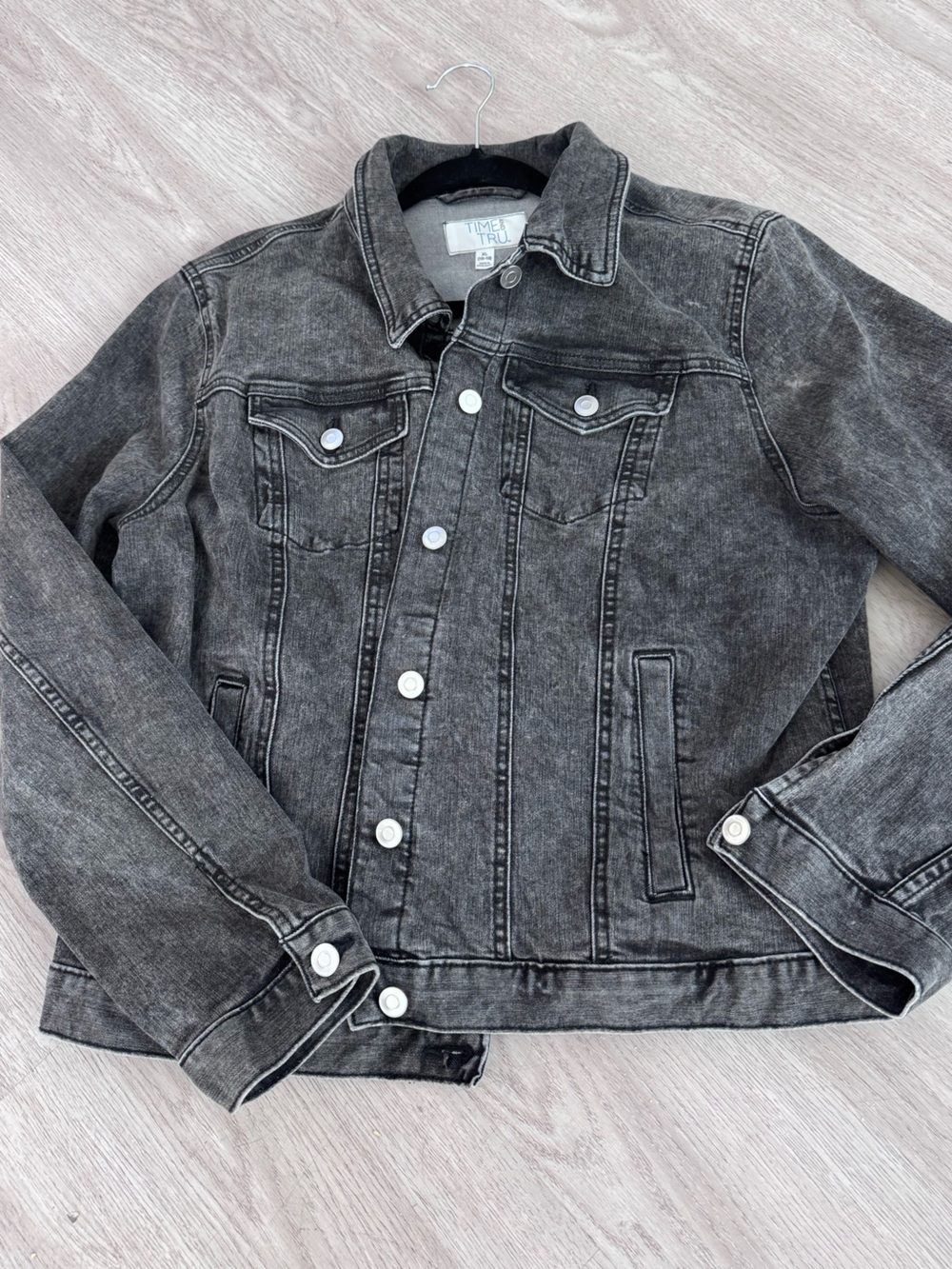 Time & Tru Acid-Washed Black Denim Jacket Sz XL (fits like L)